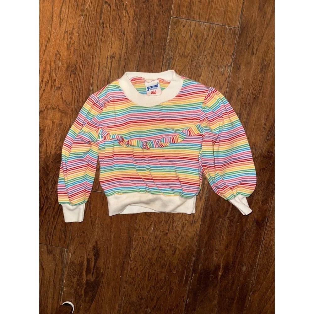 Stone Apparel Kids Rainbow Striped Ruffle Sweatshirt Size 2T Made‎ in USA